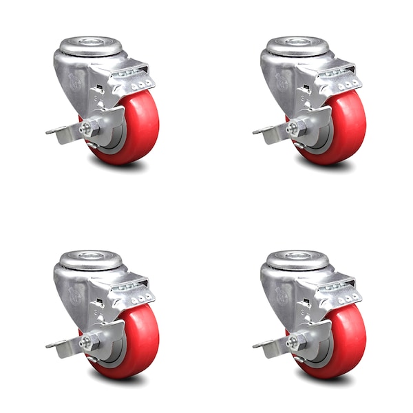 3 Inch Red Polyurethane Wheel Swivel Bolt Hole Caster Set with Brake SCC